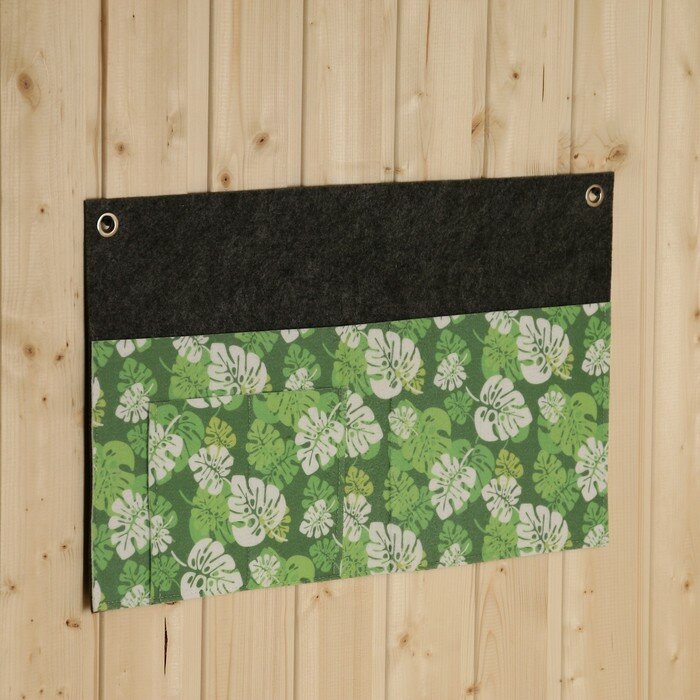 фото Горизонтальный подвесной органайзер на люверсах 3 отделения, принт зеленые листья, 30х50 см,