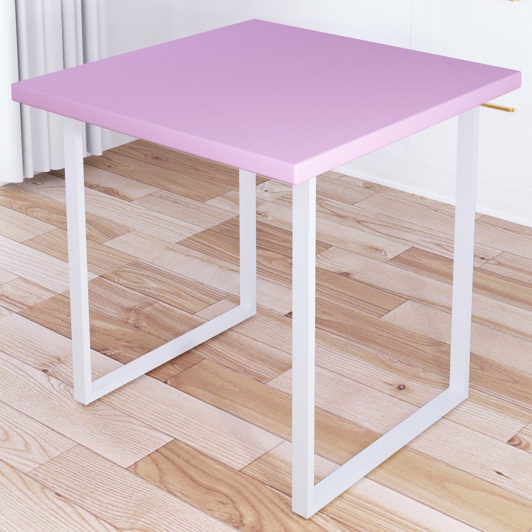 Стол кухонный Loft квадратный со столешницей розового цвета из массива сосны 40 мм и белыми металлическими ножками, 75х75х75 см