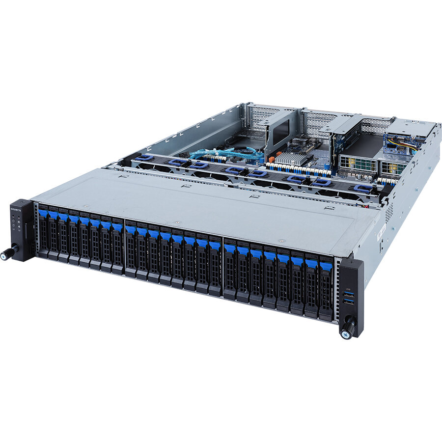Gigabyte R282-2O0, 2U; 24 x 2.5" SATA/SAS hs HDD/SSD bays + Rear 2 x 2.5" SATA/SAS hs HDD/SSD bays (Connected via SAS Expander) SAS card is required to enable drive bays; 2 x LGA 4189 (Socket P+) C621A; DDR4 32xDIMM (RDIMM /