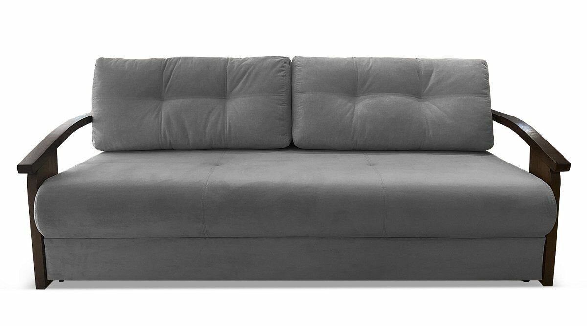 Прямой диван кровать AH!DIVAN (АхДиван) "Анкона Д" 215x105х84 см, раскладной механизм еврокнижка, деревянные подлокотники, серый велюр - фотография № 1
