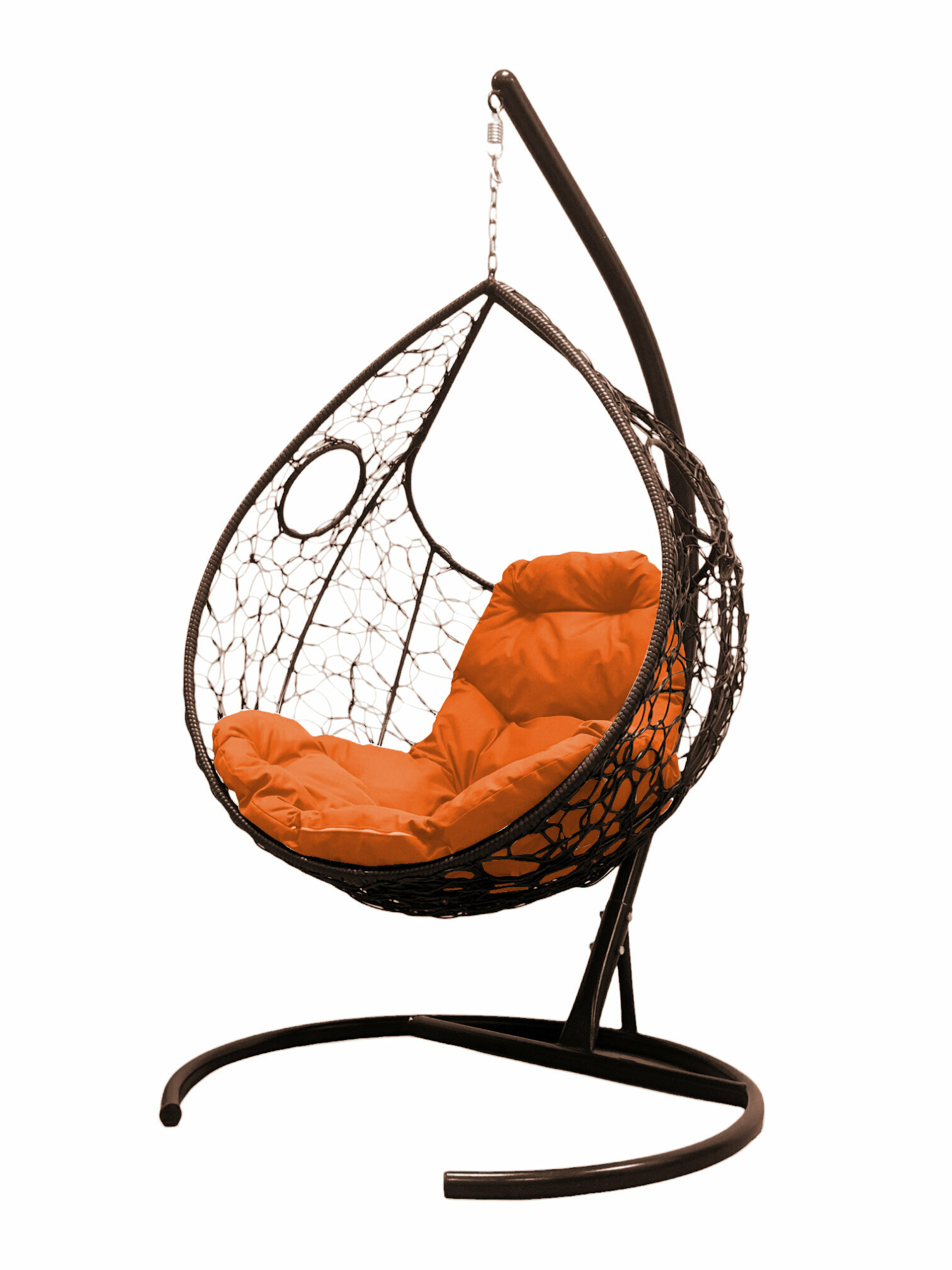 Подвесное кресло ротанг коричневое, оранжевая подушка - фотография № 1
