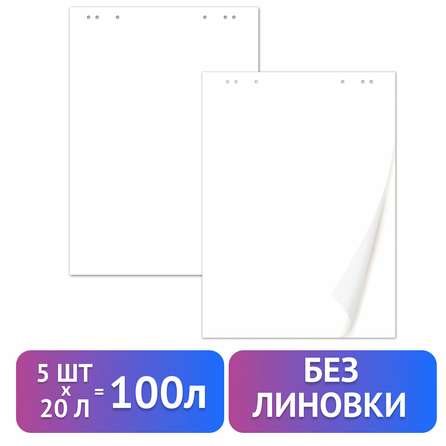 Блокноты для флипчарта плотные 80 г/м2, BRAUBERG, 67,5х98 см, комплект 5 шт., 20 л., чистые, 124098