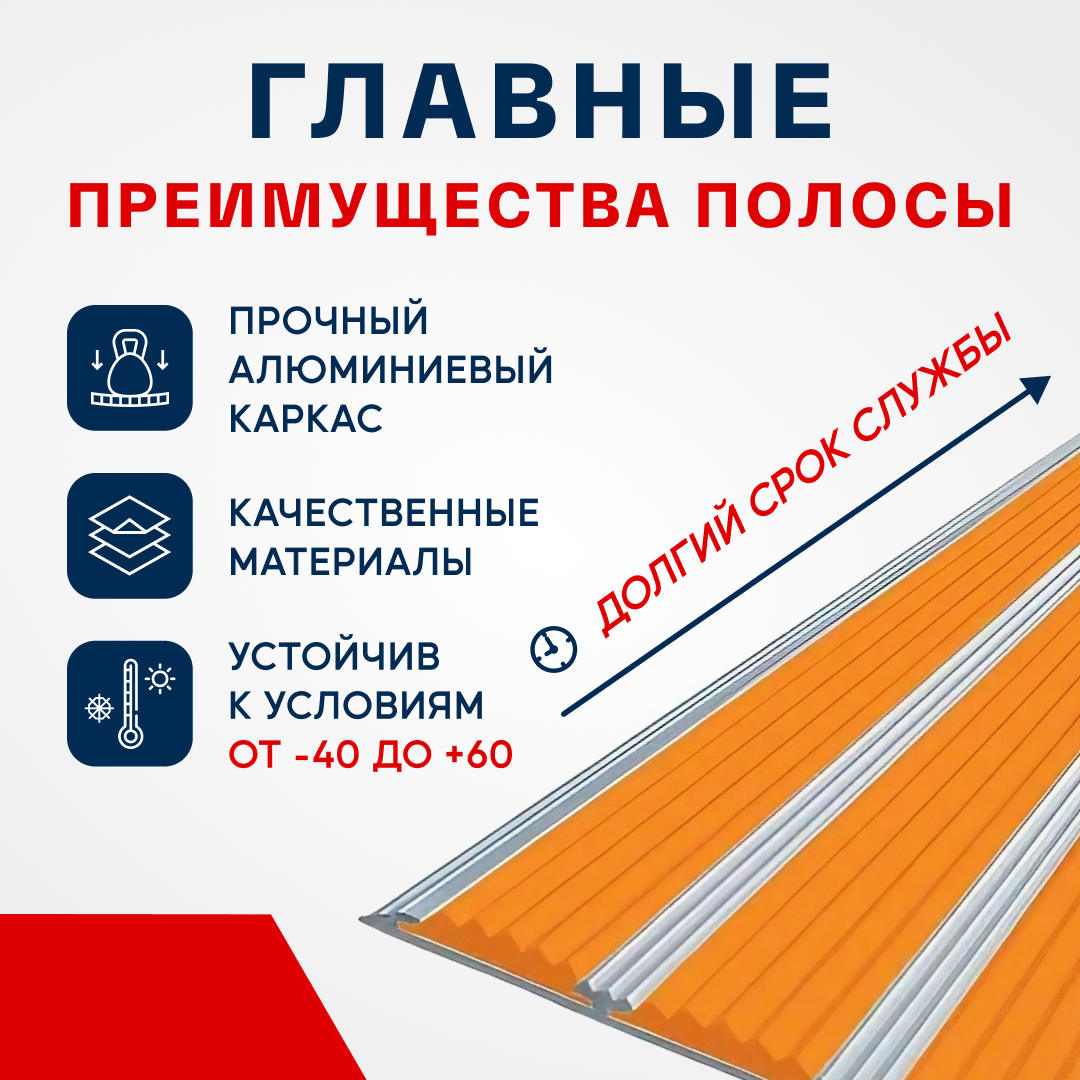 Противоскользящий, алюминиевый, отделочный профиль, полоса с тремя вставками 100мм, 1.35м, оранжевый - фотография № 2