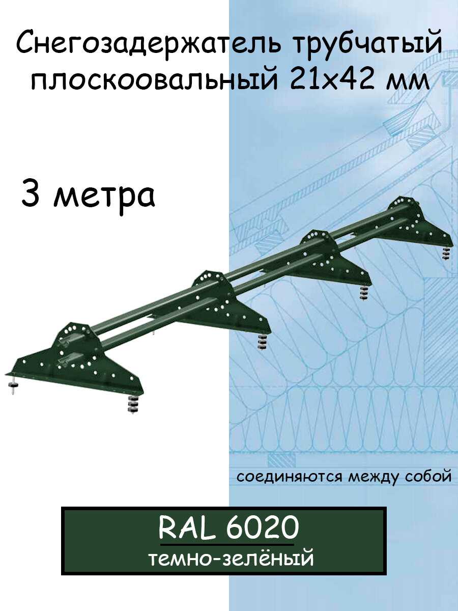 Снегозадержатель на крышу Grand Line трубчатый 3м овальный(42Х21мм/4 кронштейна)для металлочерепицы, профнастила и мягкой кровли(RAL6020)темно-зеленый - фотография № 1