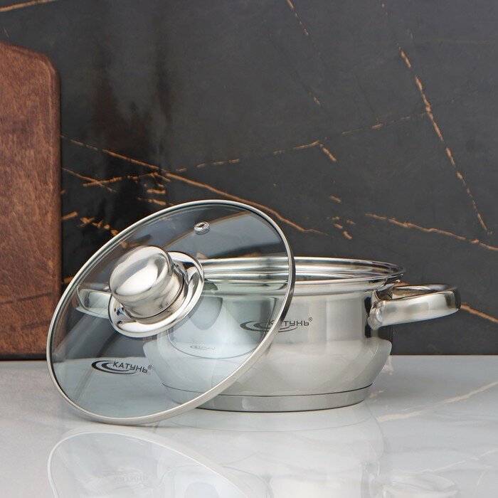 Катунь Кастрюля «Гретта», 1,6 л, d=16 см, стеклянная крышка, капсульное дно, индукция, цвет хромированный - фотография № 2