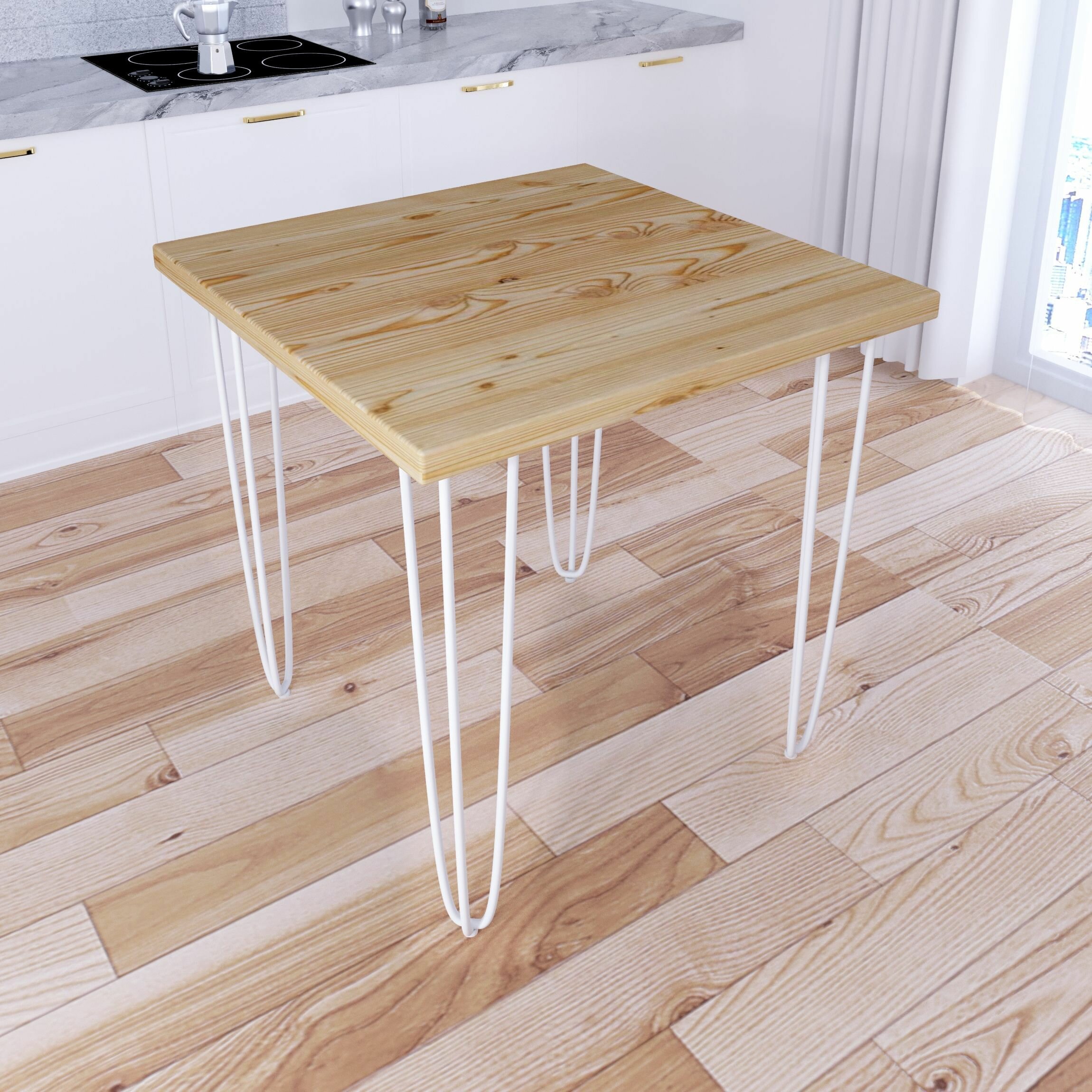 Стол кухонный Loft с квадратный столешницей без покрытия из массива сосны 40 мм и белыми ножками-шпильками, 70x70х75 см - фотография № 2