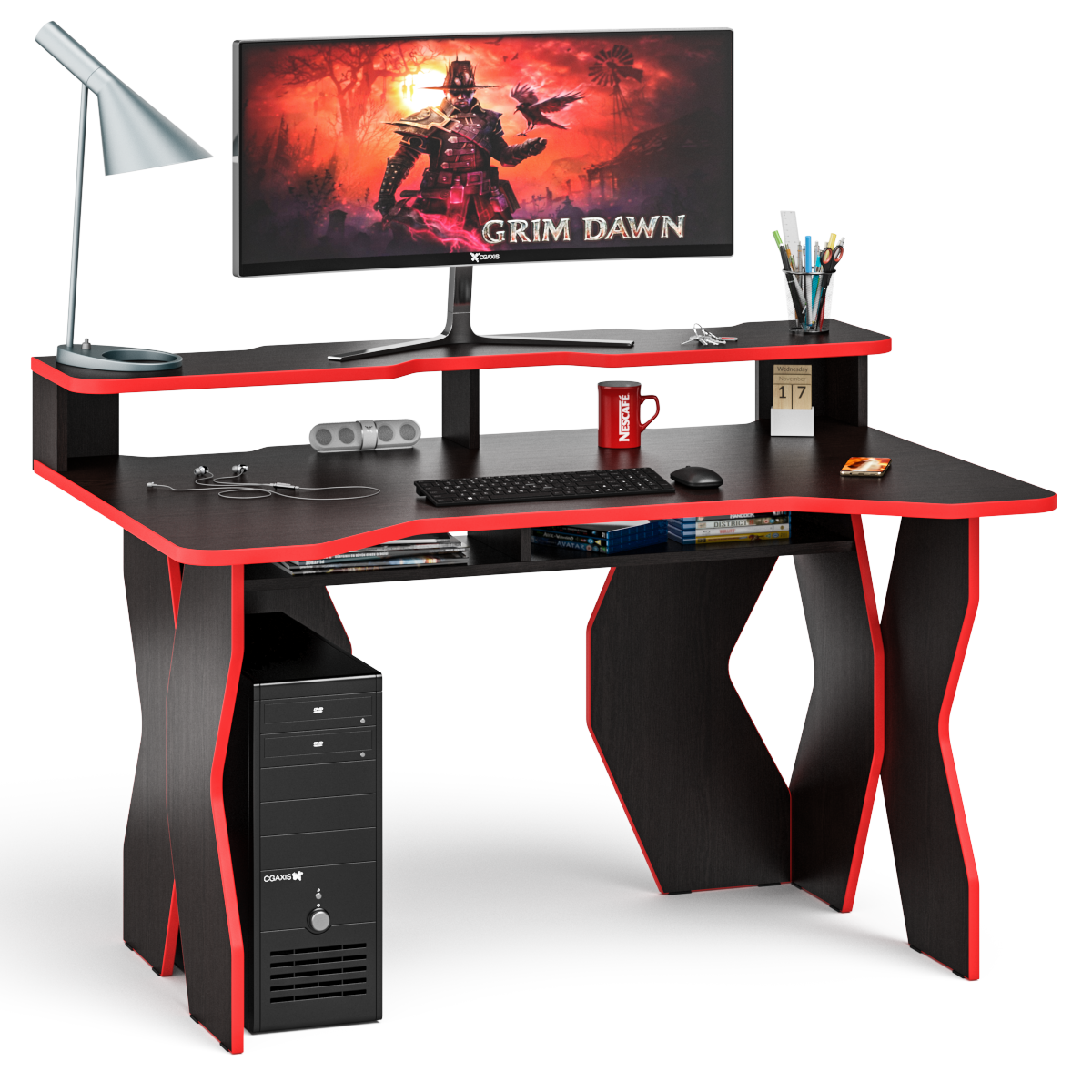 Игровой компьютерный стол Краб-5 с надстройкой цвет венге/кромка красная ШхГхВ 140х90х91(75) см.