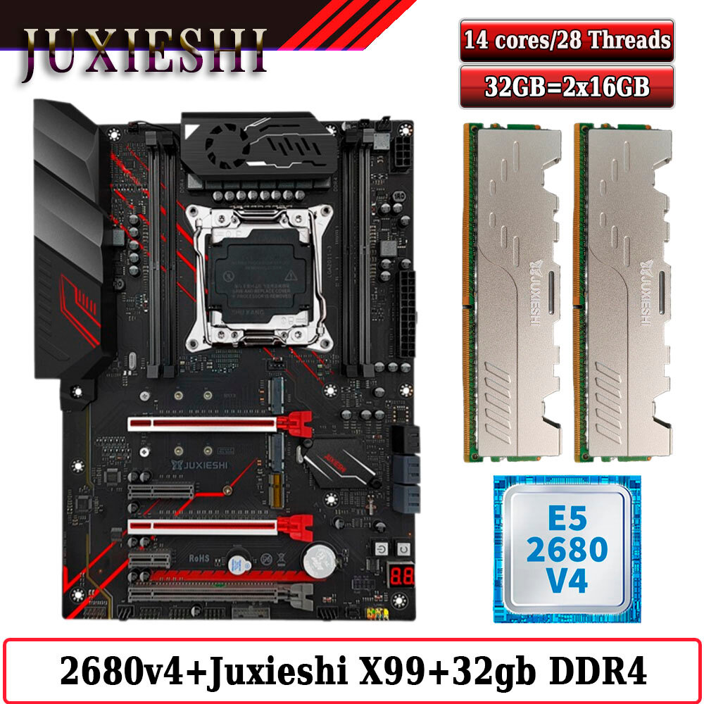 Комплект материнская плата Juxieshi X99-MR9A PRO + Xeon 2680V4 + 32GB DDR4 ECC 2x16GB Gray