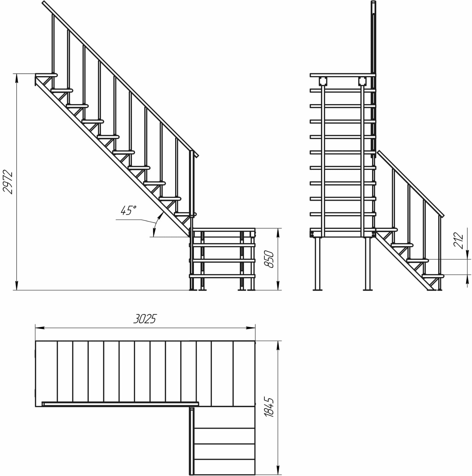 Комбинированная межэтажная лестница ЛЕС-05-3 (поворот 90° h 3 м) Сосна с подступенкой