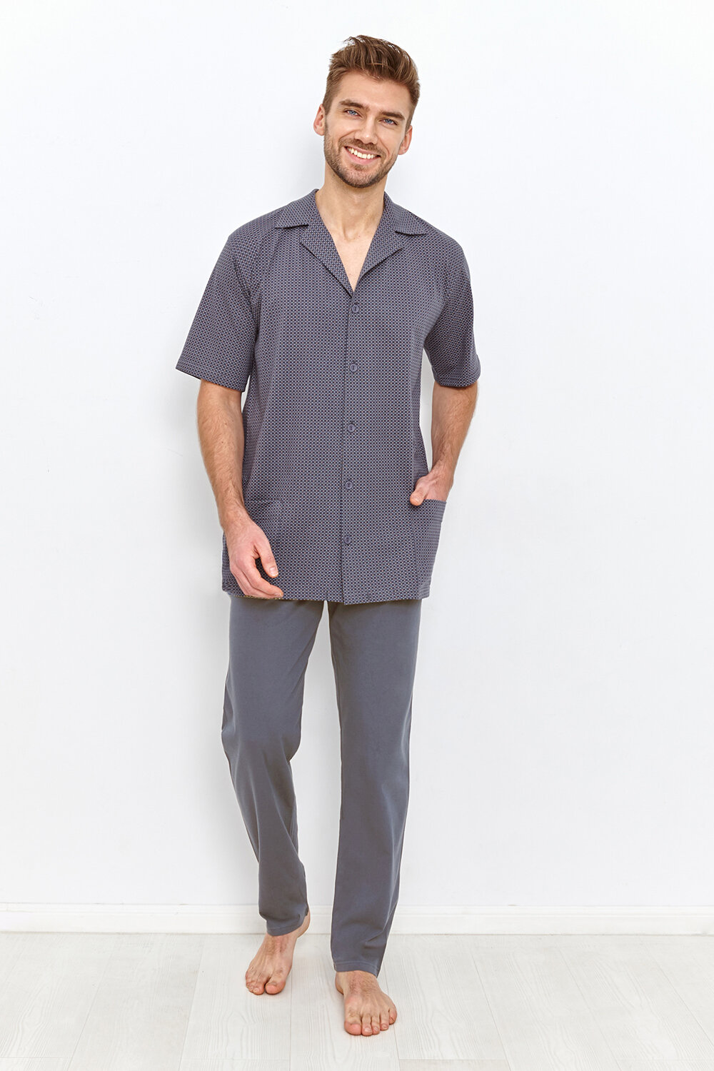 Пижама мужская TARO Simon 2943-2944-01, рубашка и брюки, серый (Размер: M)