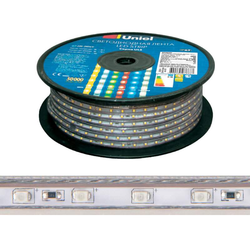 Светодиодная лента Uniel ULS-2835-60LED/m-10mm-IP67-220V-8W/m-50M-WW бобина