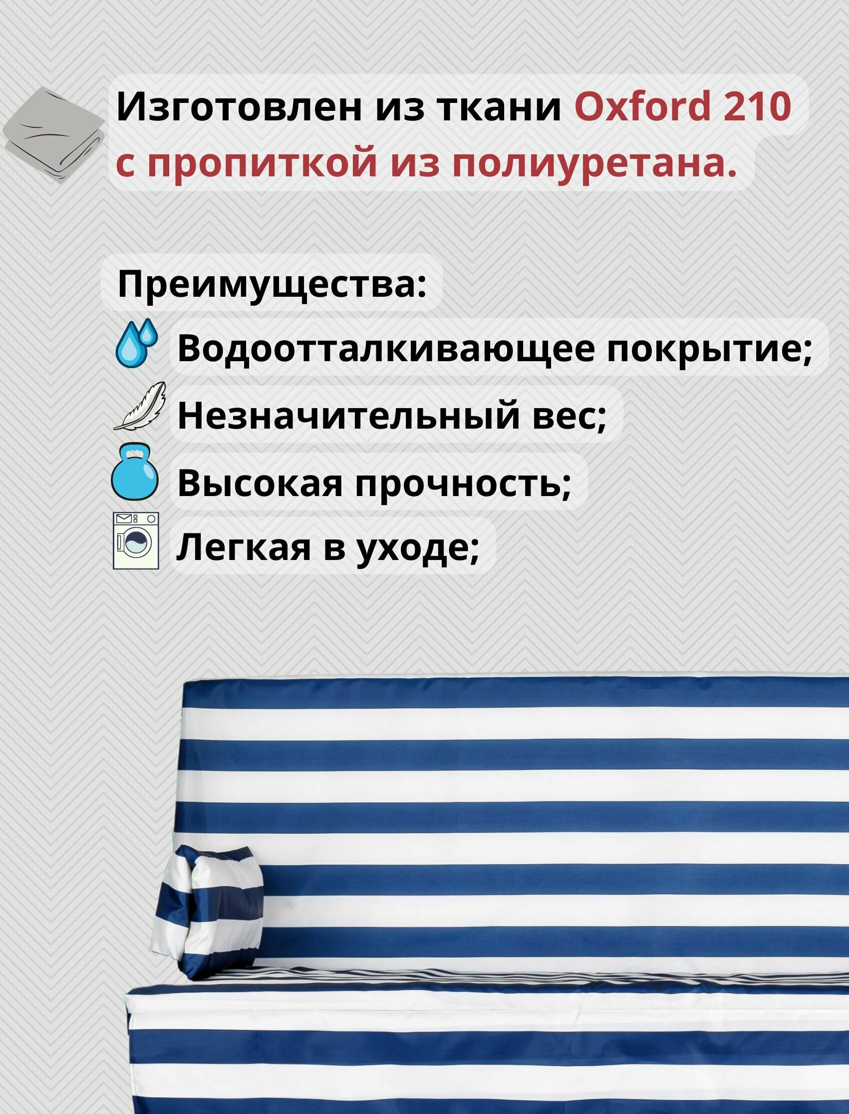 Чехол съемный на матрас для садовых качелей, комплект сиденье+спинка, 175x55х8 см, сине-белый - фотография № 2