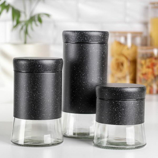 Набор банок стеклянных для сыпучих продуктов "Трио", 3 предмета: 350/500/1000 мл, цвет чёрный мрамор - фотография № 1