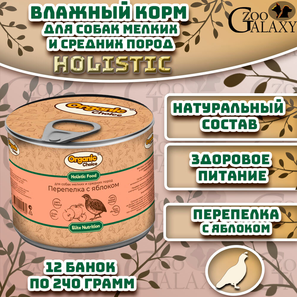 Organic Choice Консервы для взрослых собак перепелка с яблоком, 12х240 г