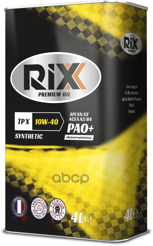 RIXX Масло Моторное Rixx Tp X Sae 10w-40 Sn/Cf A3/B4 Синтетическое 4 Л (Pao)