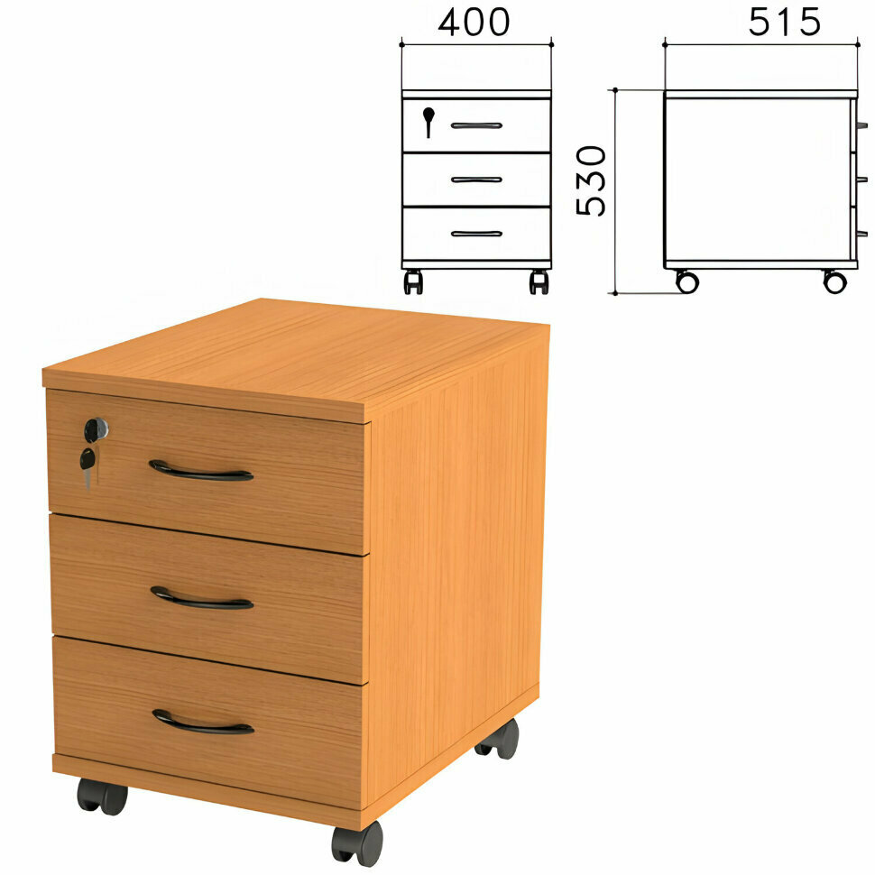 Тумба подкатная "Фея", 400х515х530 мм, 3 ящика, замок, цвет орех милан, ТФ07.5, 640018
