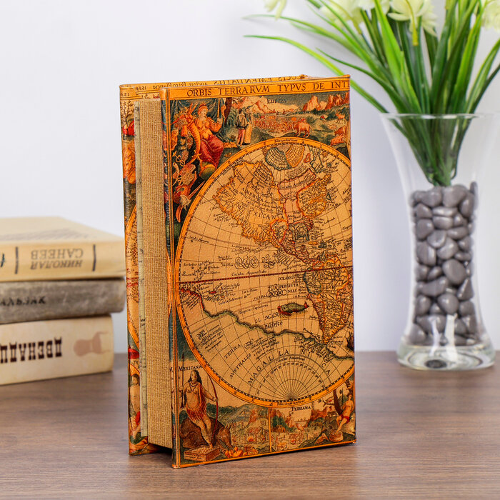 Сейф-книга дерево кожа "Старинные карты мира" 21х13х5 см - фотография № 5