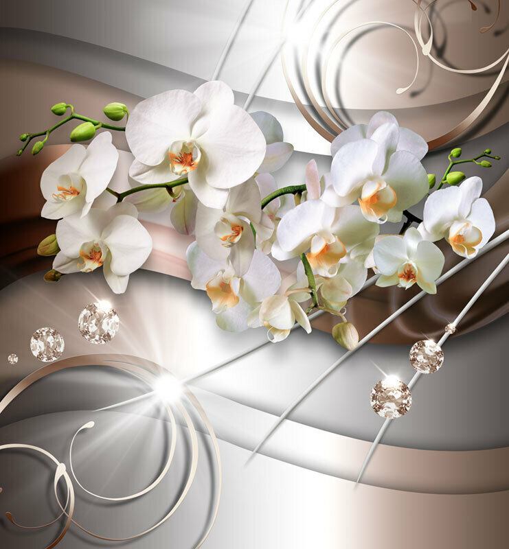 Моющиеся виниловые фотообои GrandPiK Белая орхидея и стразы 3D 250х270 см