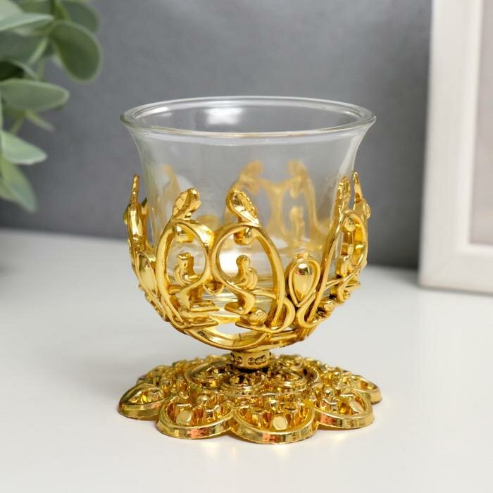 фото Подсвечник стекло 1 свеча "Узор", цвет золотистый