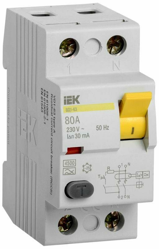 MDV10-2-080-030 Выключатель дифференциального тока IEK ВД1-63 2П 80А 30мА тип AC