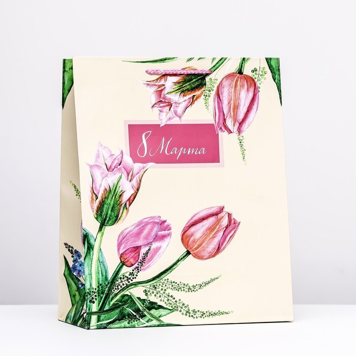 фото Пакет подарочный "8 марта", тюльпаны на желтом, 26 х 32 х 12 см