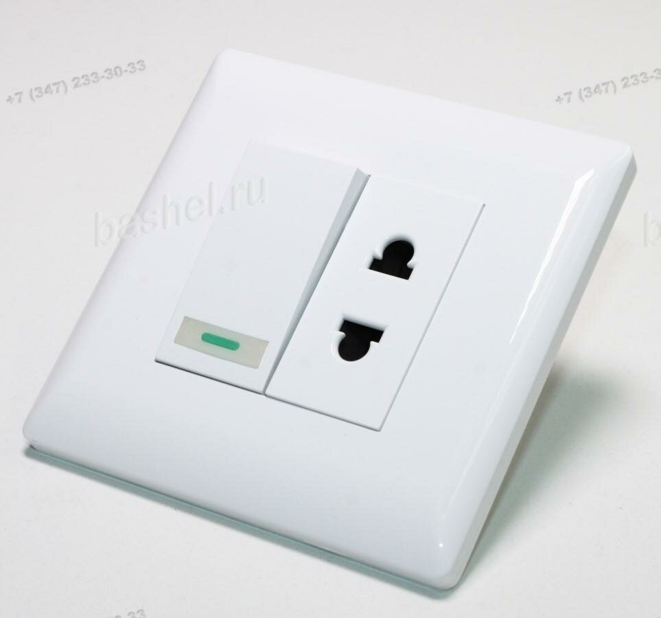 фото Розетка сетевая с выключателем встраиваемая GLS-001-2 белая (зелёный индикатор, мебельная, 86х86мм, отверстие 65х45мм), электротовар