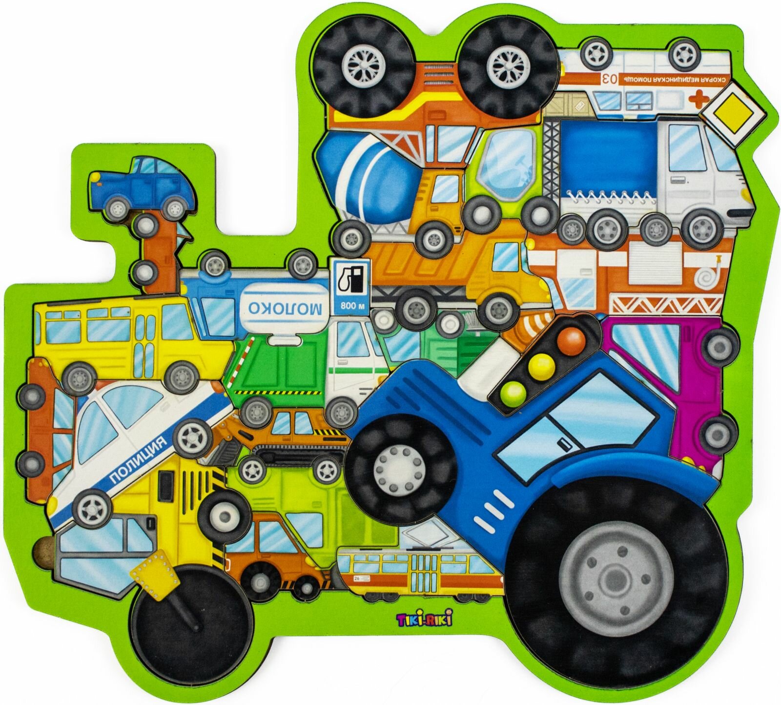 Развивающая игра-головоломка Tiki-Riki "Трактор" деревянная логическая рамка-вкладыш, учим транспорт (рабочие, служебные машины), фигурный пазл