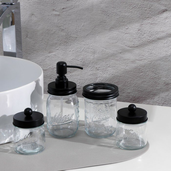 Набор аксесуаров для ванной, 4 предмета (дозатор, стакан для щёток, 2 банки), цвет чёрный - фотография № 1