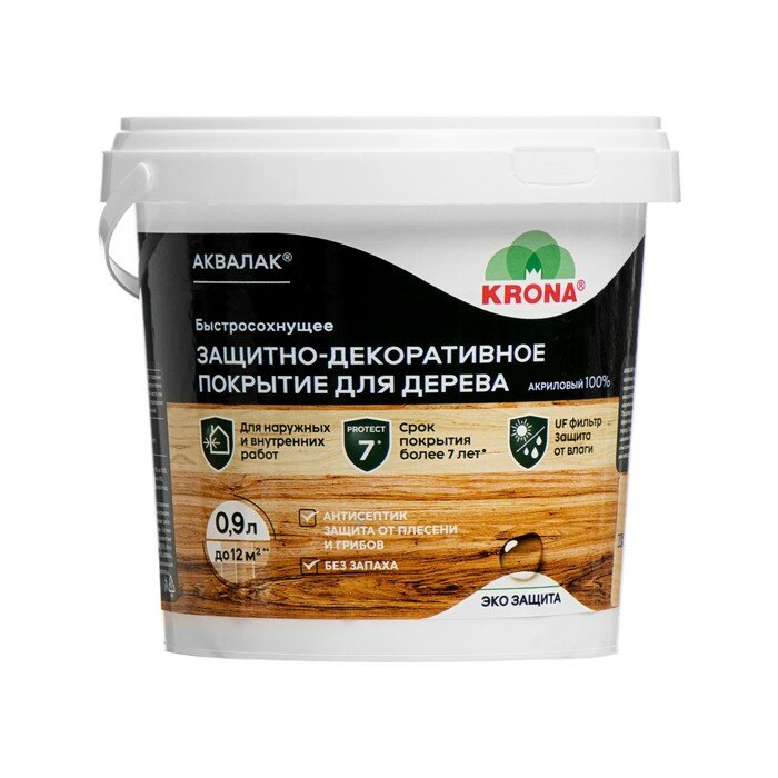 фото Лак защитно-декоративный для дерева Аквалак "KRONA" бесцветный 0,9 л