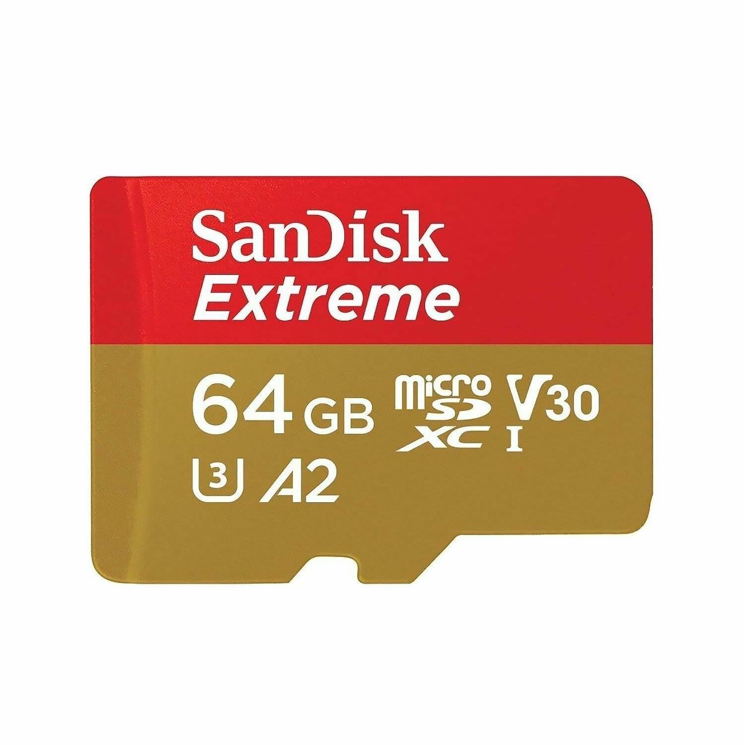 Карта флэш-памяти, MicroSD, 64 Гб, SanDisk Extreme UHS-I U3I, без адаптера, 1 шт.