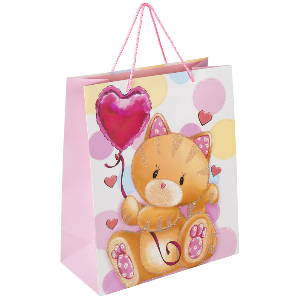 Пакет подарочный (1 штука) 26x13x32 см, золотая сказка "Lovely Kitty", глиттер, белый/розовый, 608242 упаковка 12 шт.