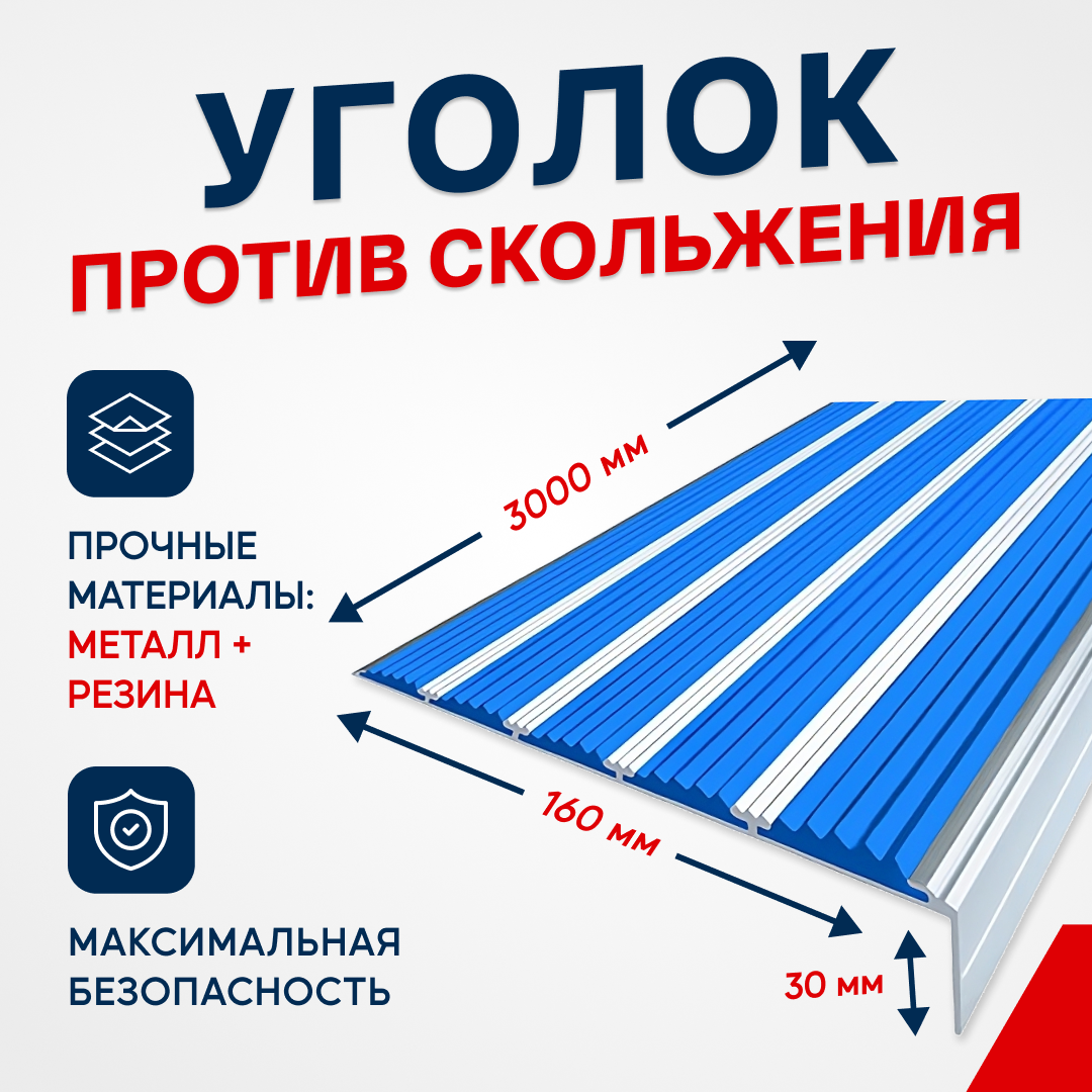 Противоскользящий алюминиевый угол-порог на ступени с пятью вставками 160мм, 3м, синий - фотография № 1