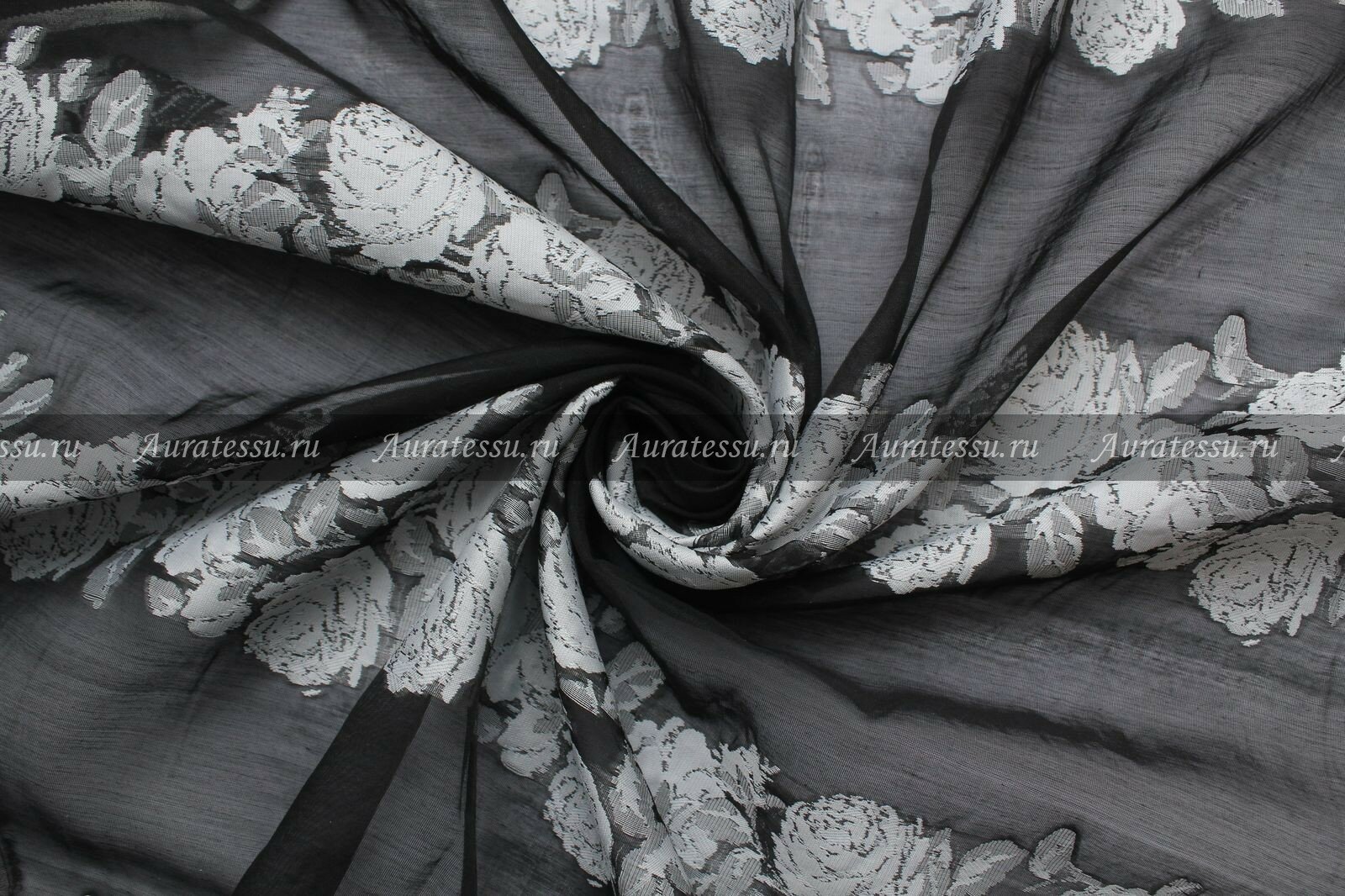 Ткань Органза жаккард Cadena серый цветочный узор поперечными полосами на чёрном полупрозрачном фоне ш150см 05 м
