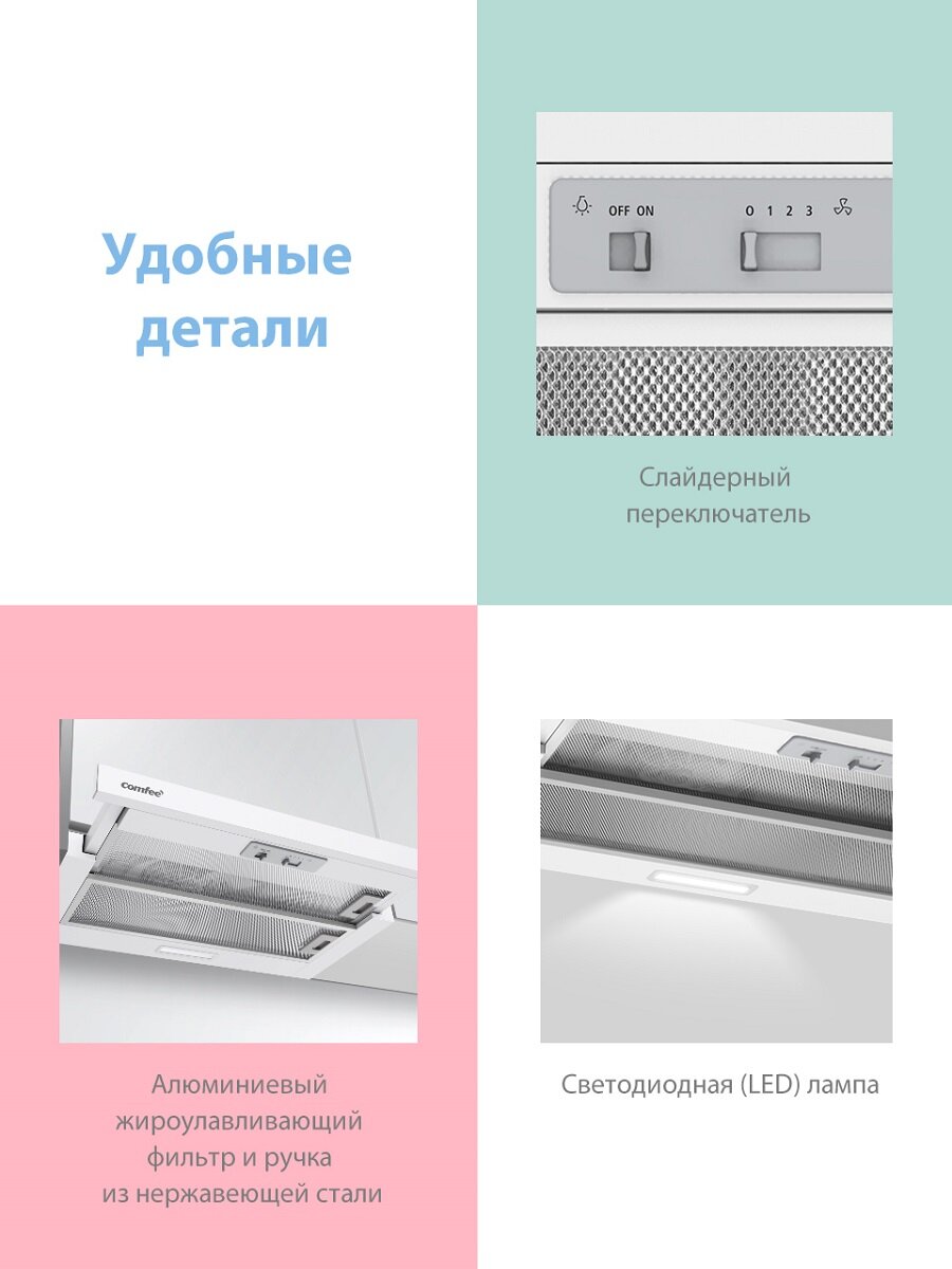 Встраиваемая вытяжка Comfee CHT600W, цвет корпуса белый, цвет окантовки/панели белый - фотография № 7