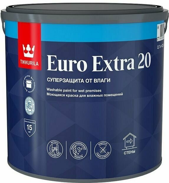 Тиккурила Евро-20 Экстра база А белая моющаяся краска для влажный помещений (2,7л) / TIKKURILA Euro Extra 20 base A краска моющаяся для влажных помеще