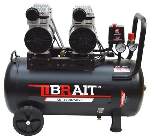 фото BRAIT Компрессор воздушный KB-1700/50X2 (50 литров; 1,7Kw; 8bar, 280л/ м; без масляный), шт BRAIT