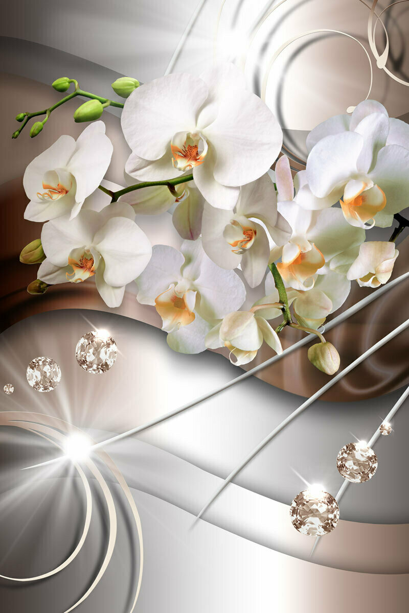 Моющиеся виниловые фотообои GrandPiK Белая орхидея и стразы 3D 200х300 см