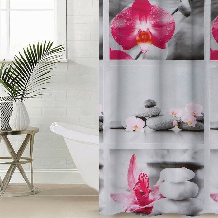 Штора для ванны Доляна «Камни и орхидея», 180×180 см, EVA - фотография № 1