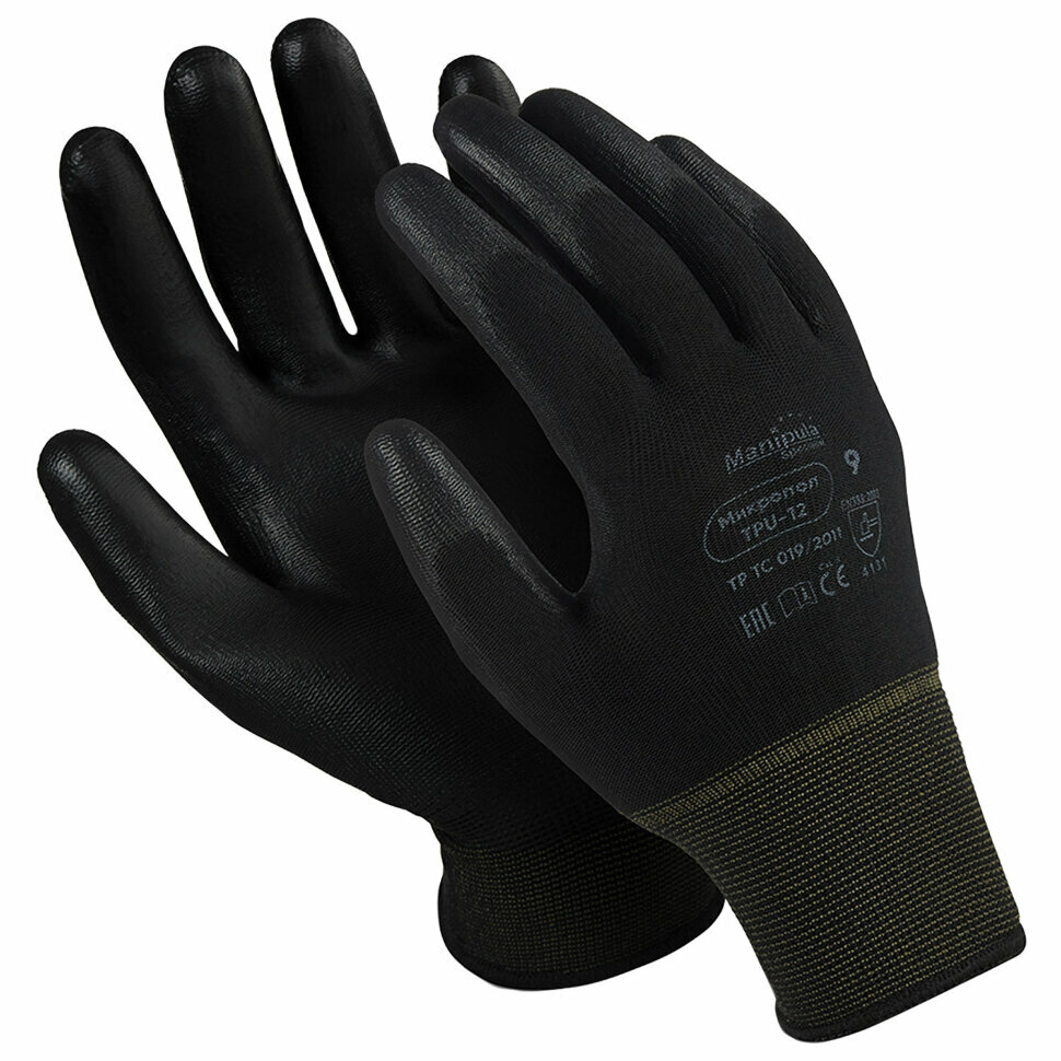 Перчатки нейлоновые MANIPULA "Микропол", полиуретановое покрытие (облив), размер 7 (S), черные, TPU-12, 605811 - фотография № 1