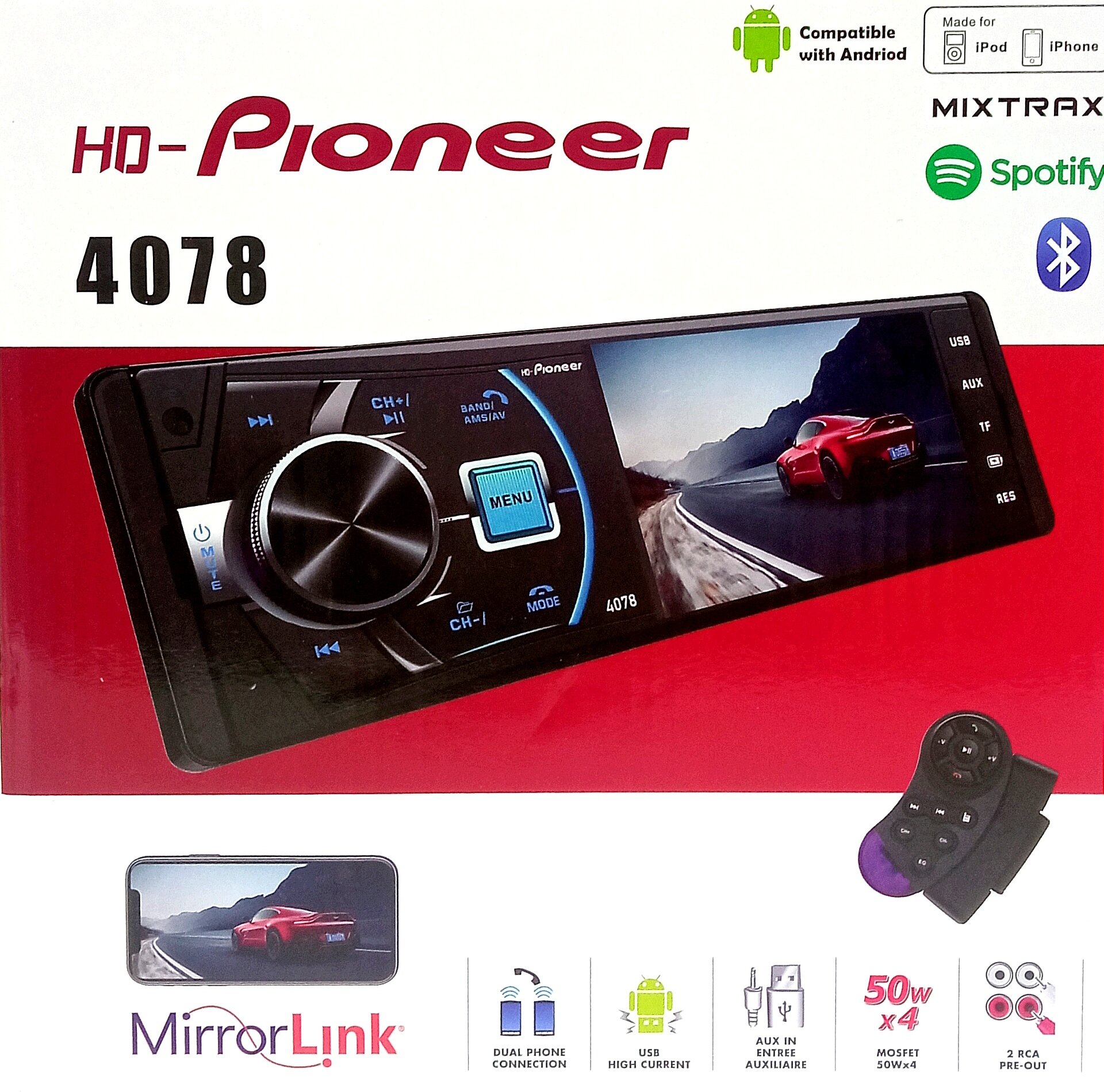 Автомагнитола DVD MP4 HD-Pioneer 4078 BT/MirrorLink/пду