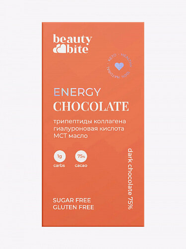 Beauty Bite, Кето-шоколад "Energy" тёмный 75% с морским коллагеном и маслом МСТ