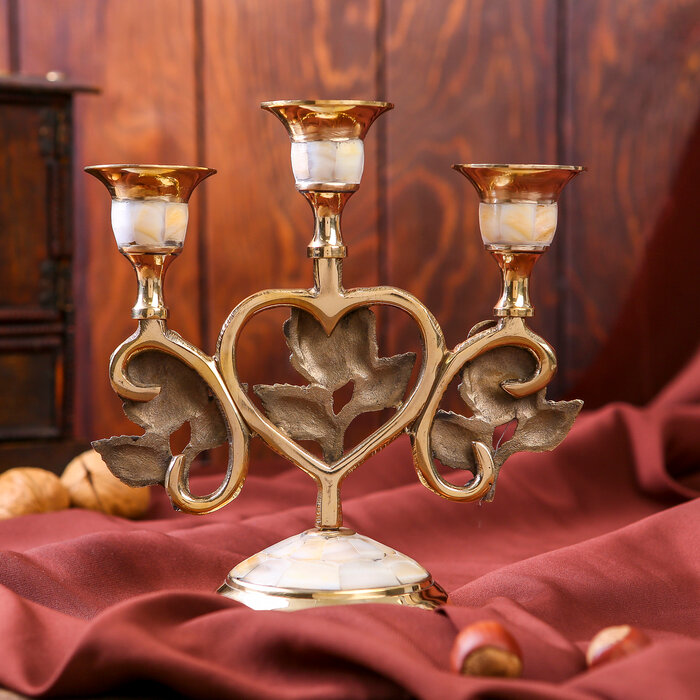 Подсвечник латунь на 3 свечи 16 см перламутр "Роза в сердце" - фотография № 3