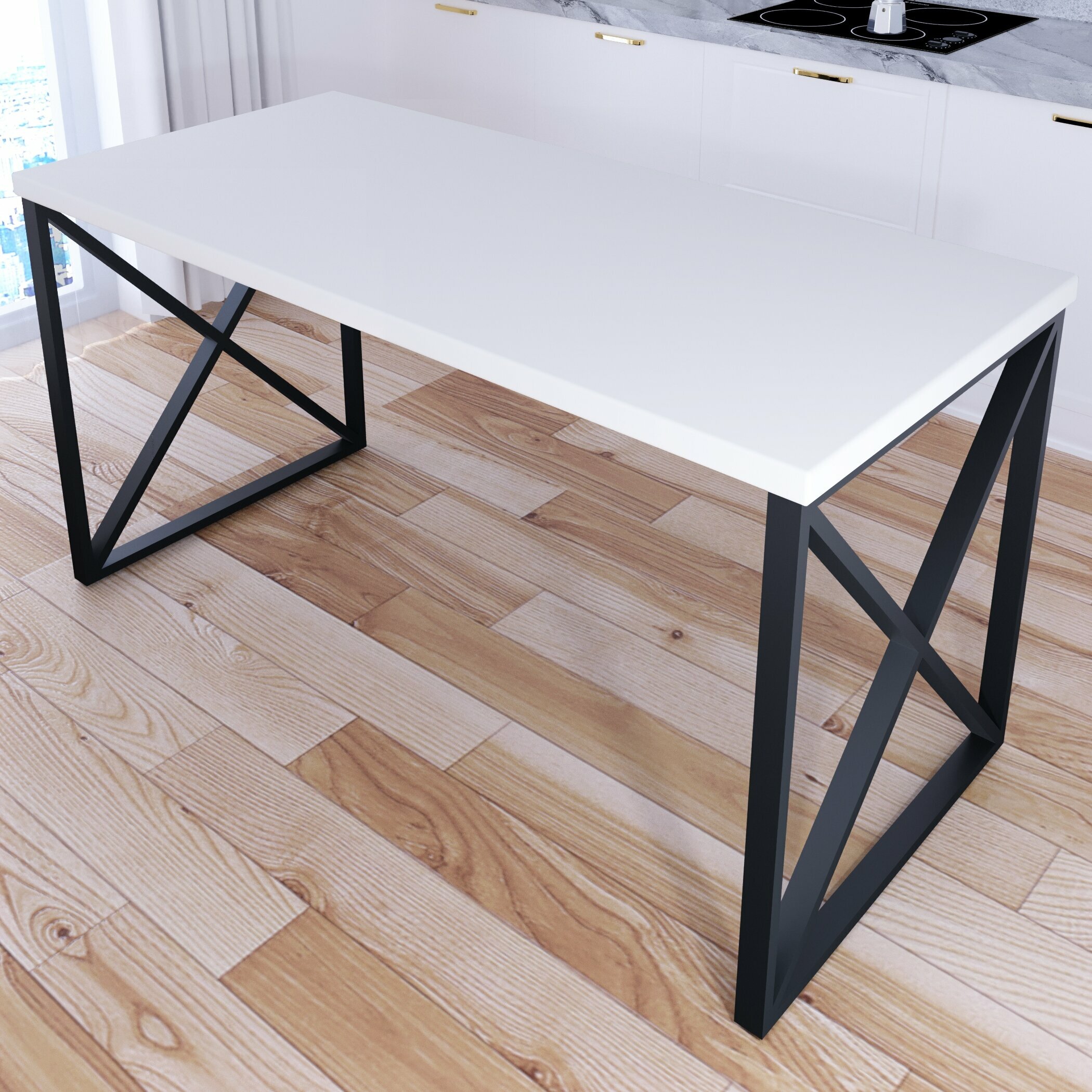 Стол кухонный Loft со столешницей белого цвета из массива сосны 40 мм и черными металлическими крестообразными ножками, 140х80х75 см