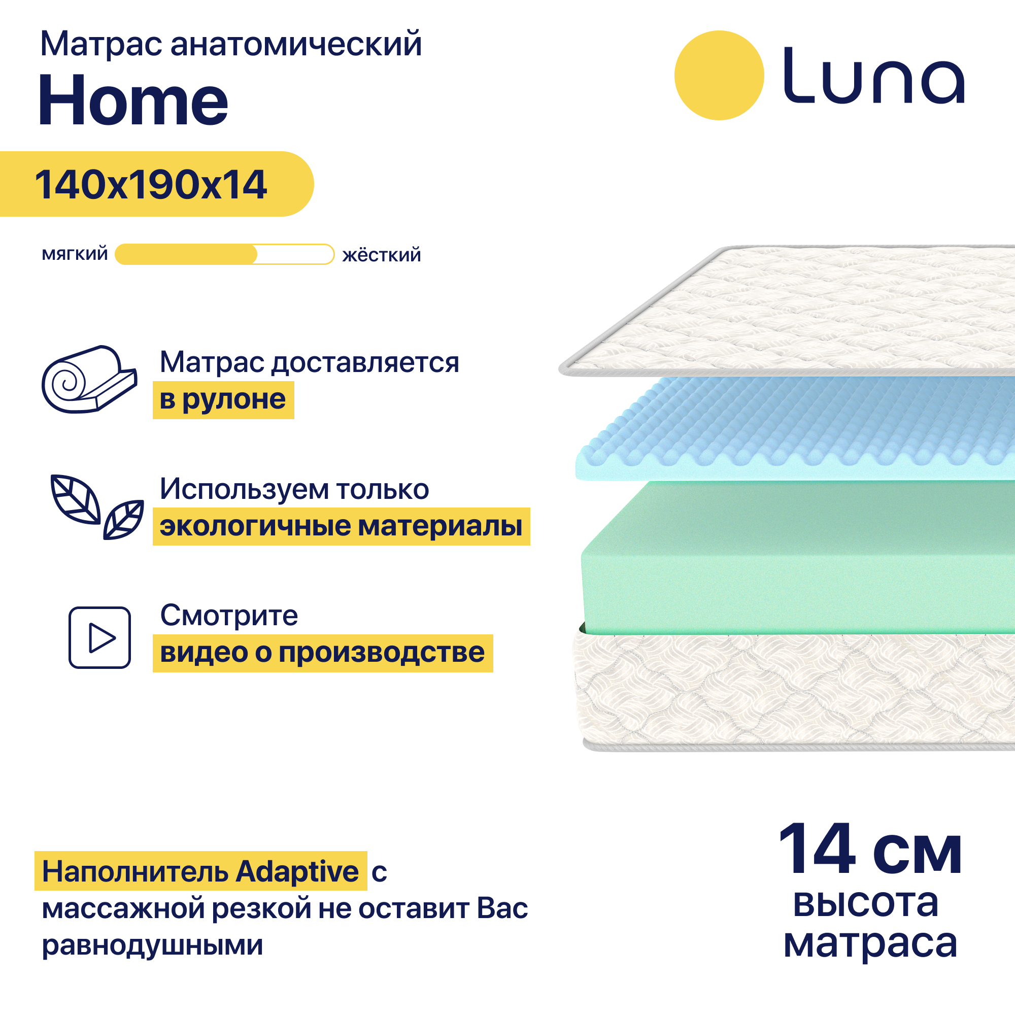 Матрас ортопедический Luna Home 140х190 см, высота 14 см, беспружинный - фотография № 3