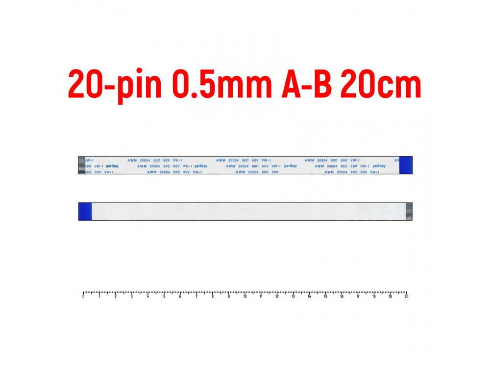 Шлейф FFC 20-pin Шаг 0.5mm Длина 20cm Обратный A-B AWM 20624 80C 60V VW-1