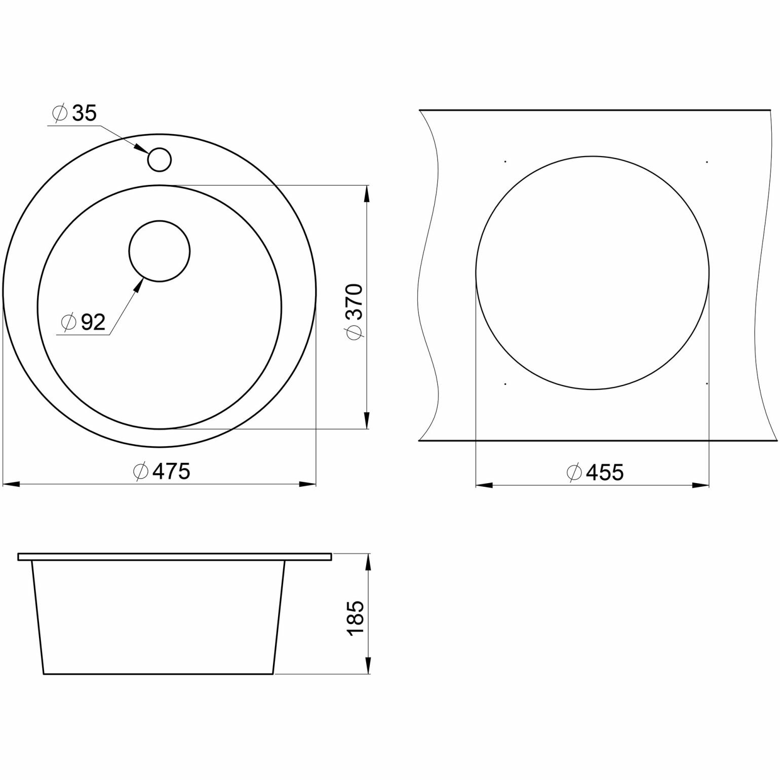 Кухонная мойка кварцевая Granula GR-4801 односекционная круглая, врезная, чаша D 370, цвет арктик (4801wh) - фотография № 2