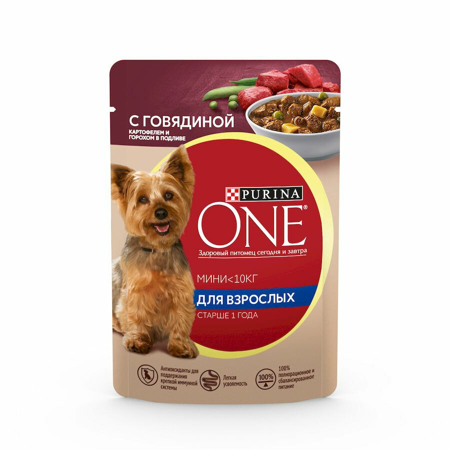 Purina One Adult влажный корм для взрослых собак мелких пород старше 1 года, с говядиной, в подливке, в паучах - 85 г х 26 шт