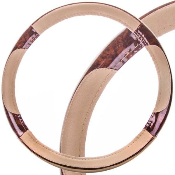 фото Оплётка руля SKYWAY кожаная Бежевая с вставками под дерево (M)