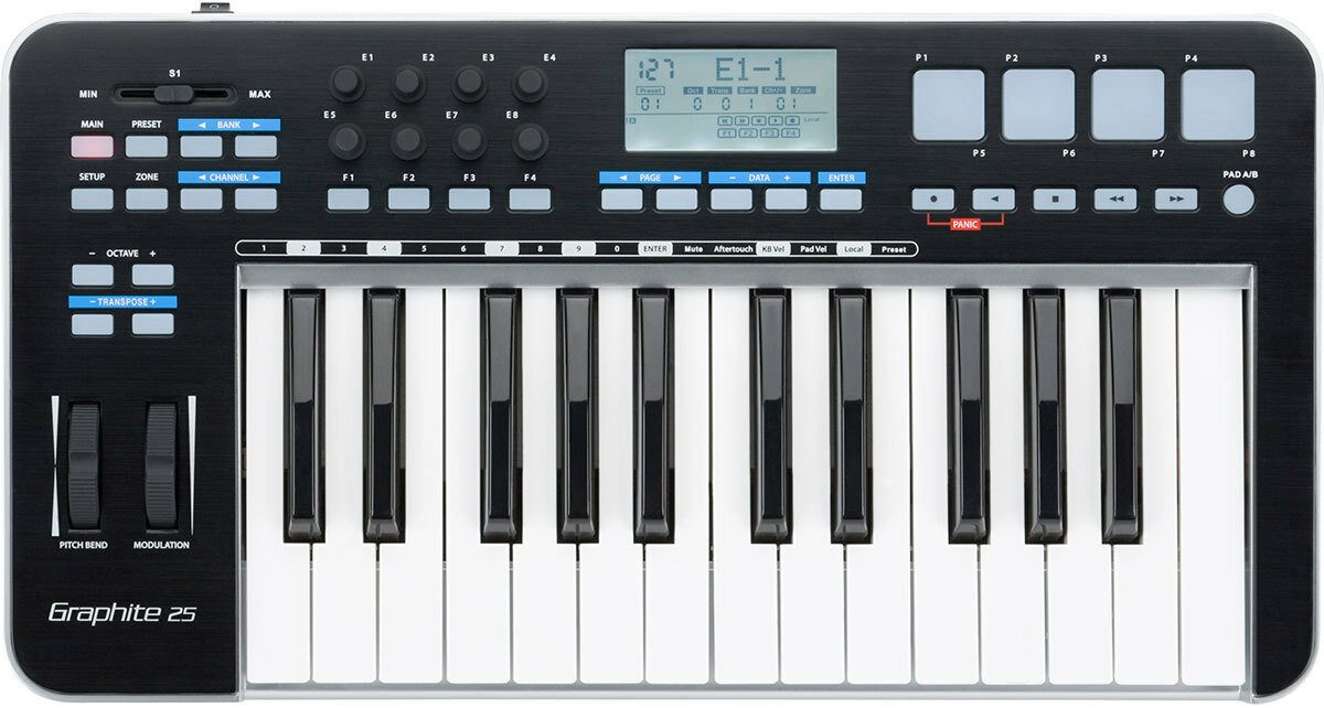 GRAPHITE 25 USB/MIDI-клавиатура 25 чувствительных к скорости нажатия полувзвешенных клавиш 8 назначаемых энкодеров 4 драм-пэда назначаемые кнопки вес 25 кг SAMSON