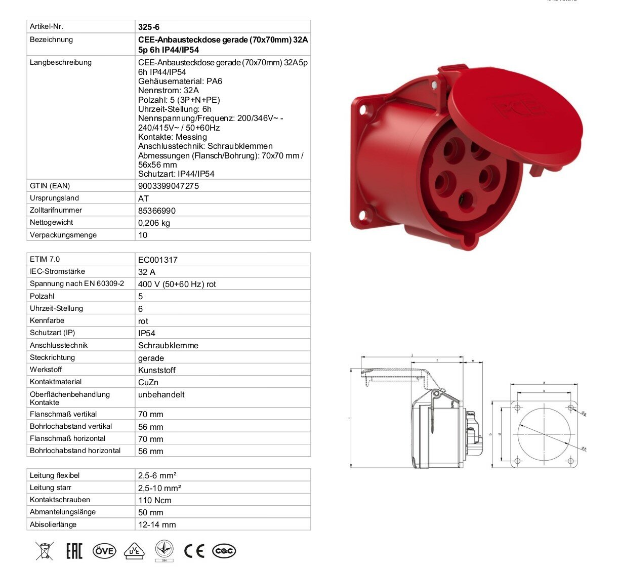 Розетка силовая стационарная PCE 325-6 - фотография № 2